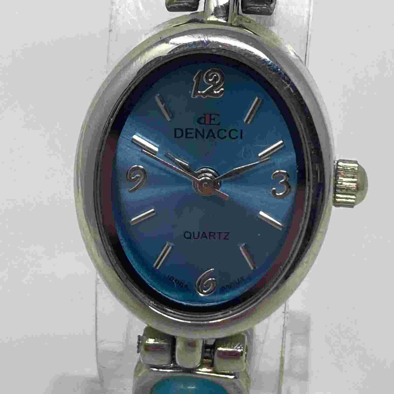 Denacci Watch Women 19mm Silver Tone Blue Dial Cats Eye WR Oval New Battery 7.5"