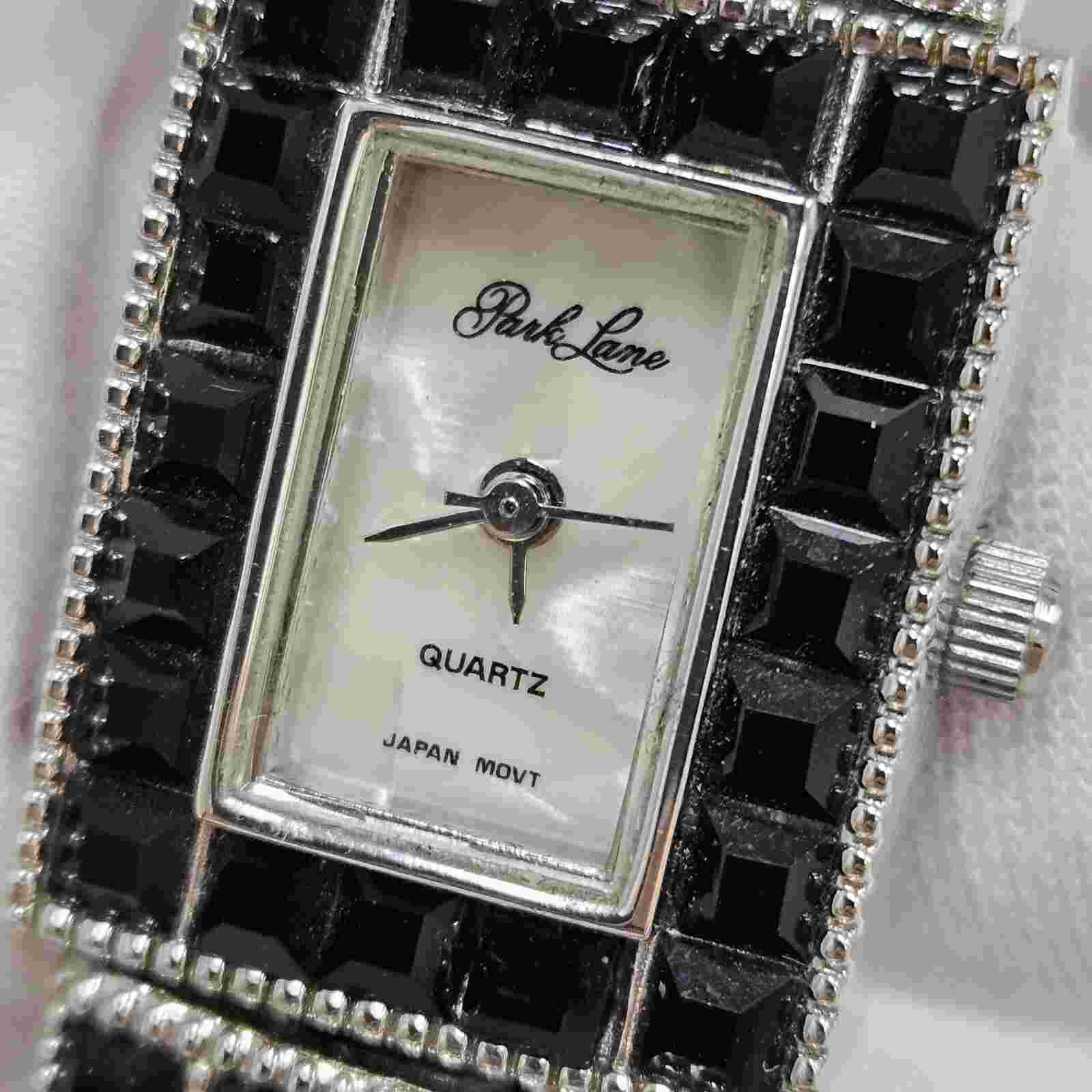 Women's Park Lane Black Rhinestone Gemmed Band Watch Mother Of Pearl Silver Tone