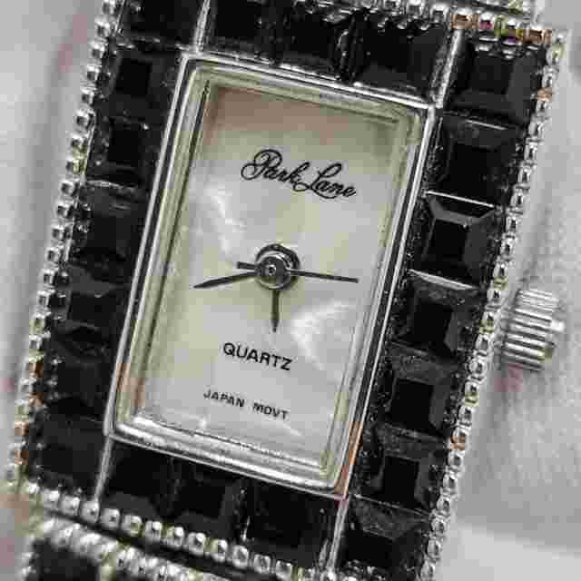 Women's Park Lane Black Rhinestone Gemmed Band Watch Mother Of Pearl Silver Tone