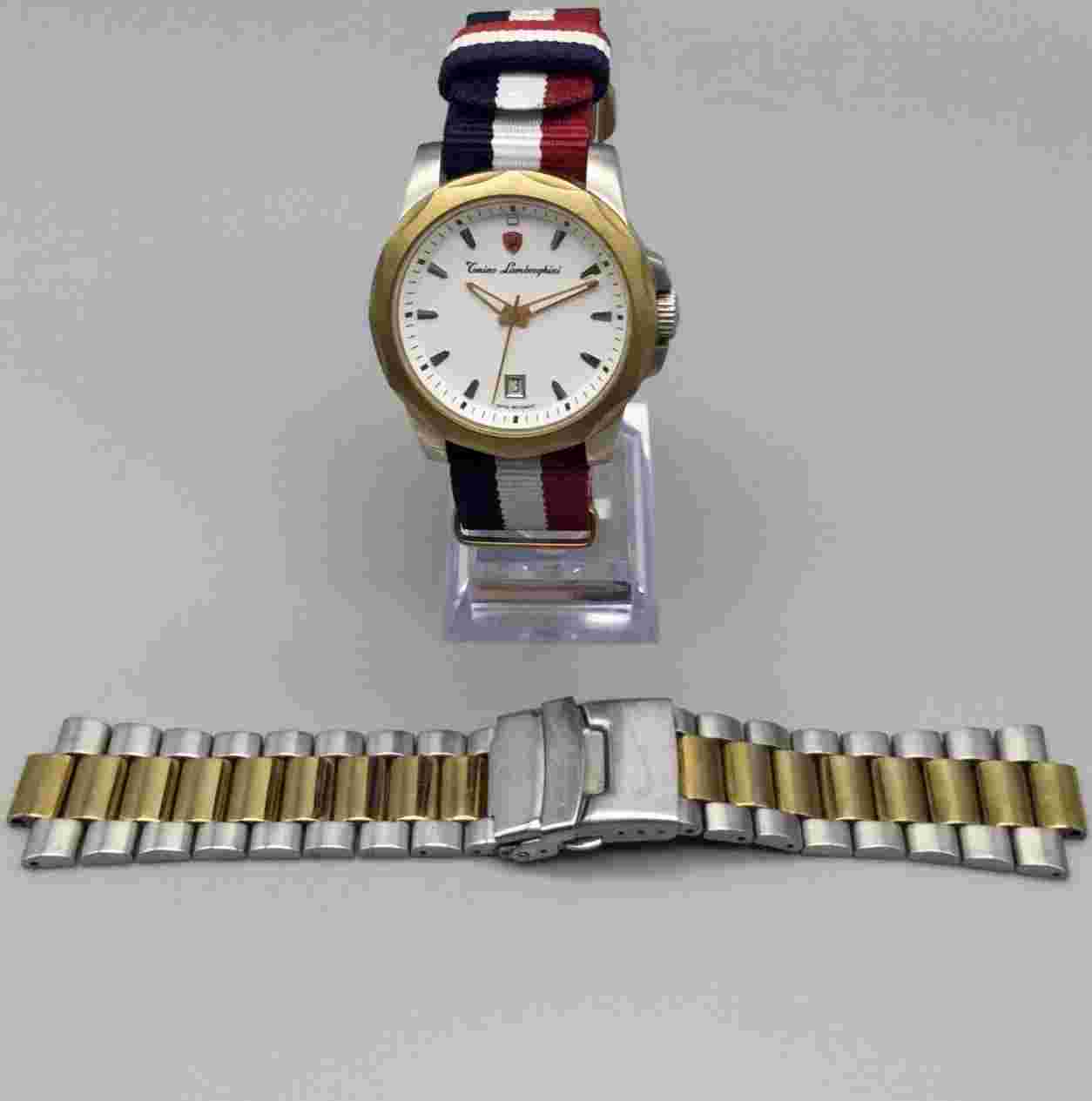 Conino Lamborghini Watch Men 40mm Silver Gold Tone With Extra Band New Battery