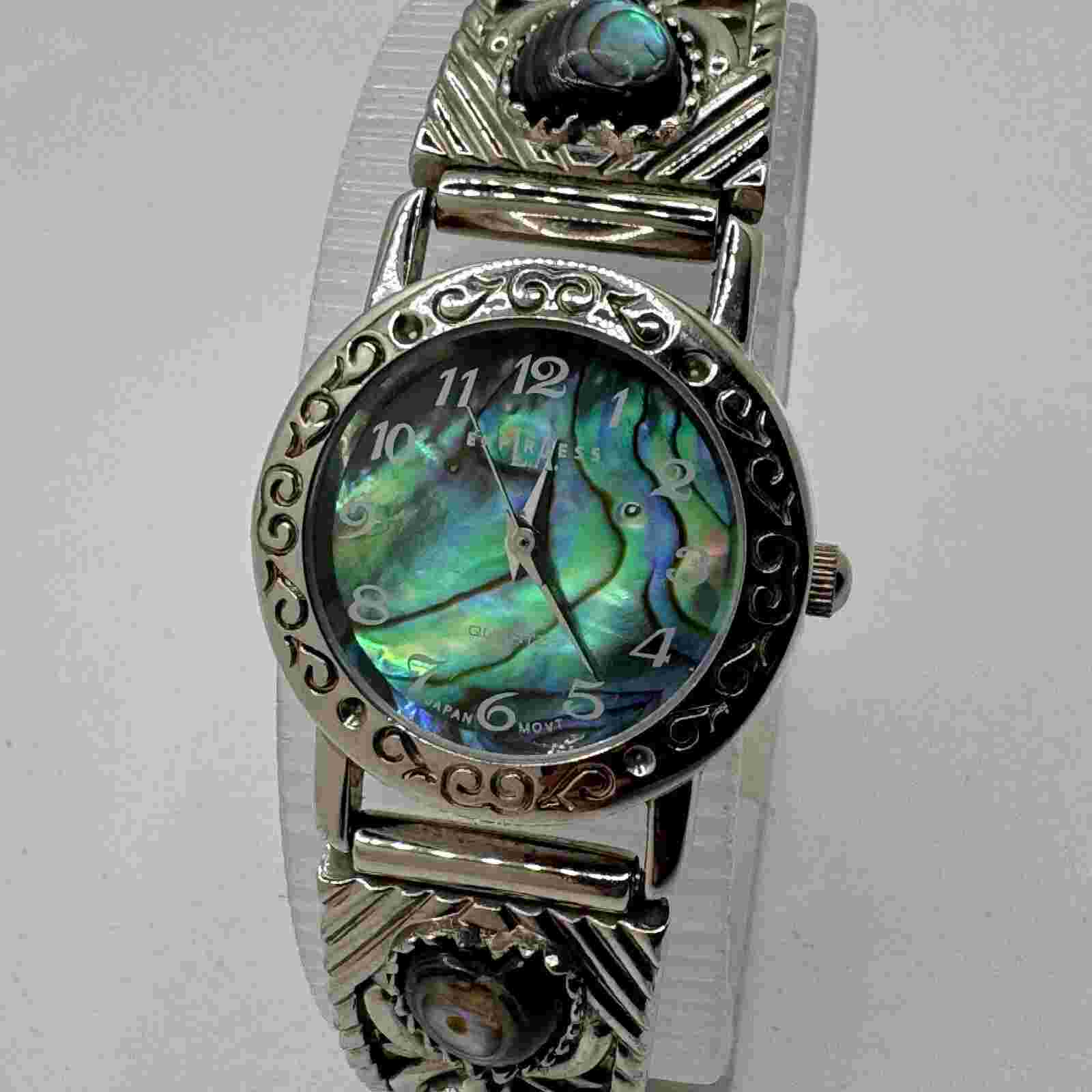 VTG LA Express Quartz Watch Women Silver Abalone Stretch Japan Movt New Battery