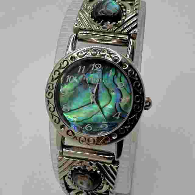 VTG LA Express Quartz Watch Women Silver Abalone Stretch Japan Movt New Battery