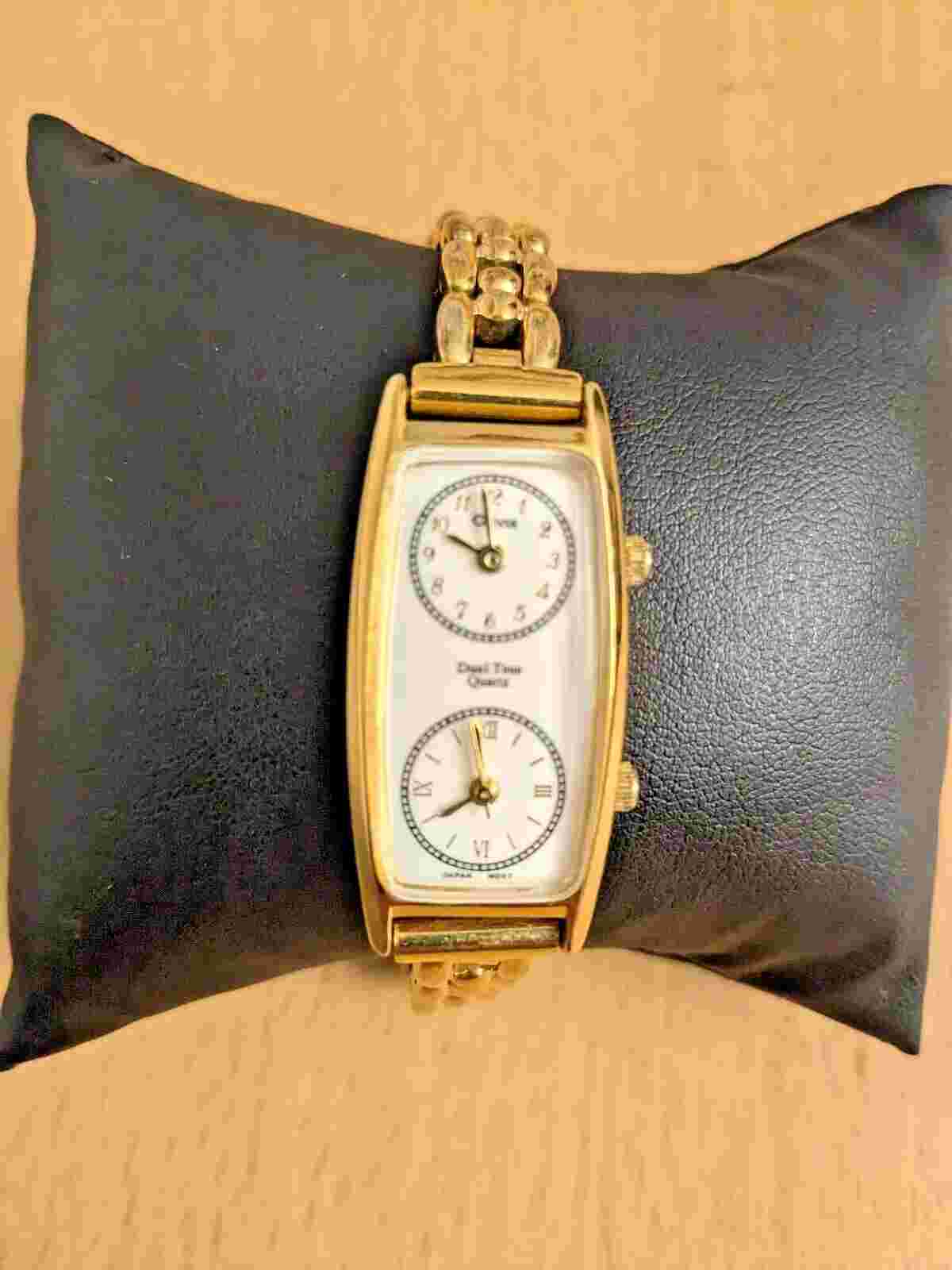 Ladies Orvis Dual Time Quartz Gold Tone Bracelet Band Watch. Nice! Works well!