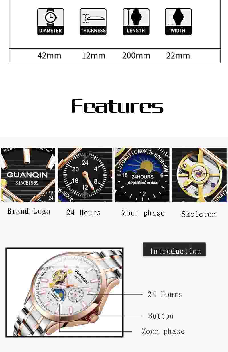 Automatic Mechanical GUANQIN Moon Phase Month Hour Sapphire Crystal White & Gold