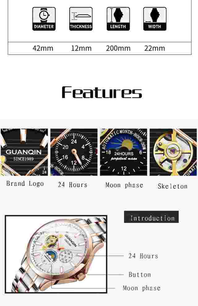 Automatic Mechanical GUANQIN Moon Phase Month Hour Sapphire Crystal White & Gold
