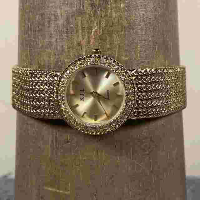 Kenneth Jay Lane Women Dress Pave Gold Tone Round 25mm Quartz Analog Watch 8"