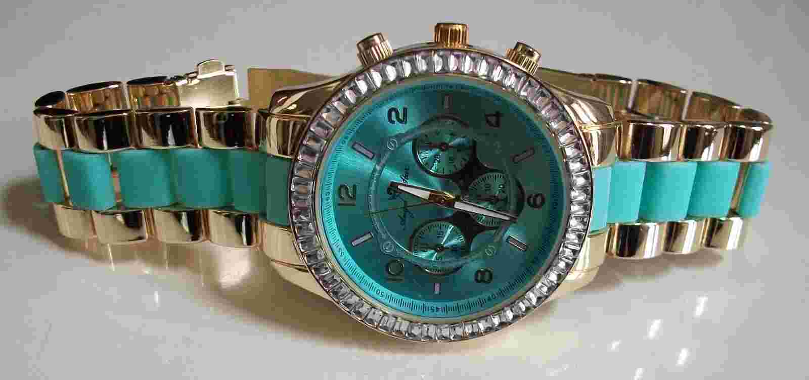 Women's Fashion Stone Boyfriend Dressy Casual Mint & Gold Finish Watch