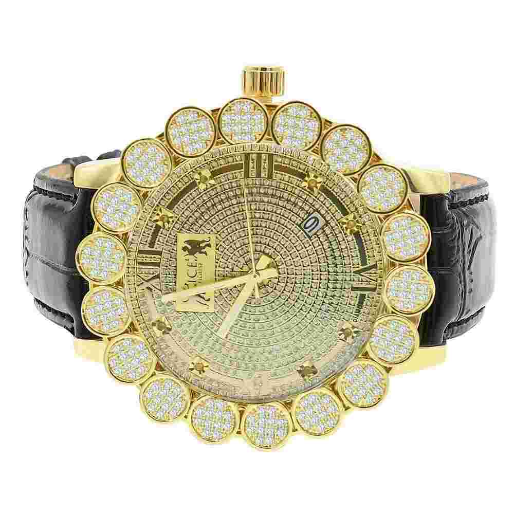 Gold Finish Real Diamonds Dial Flower Bezel Roman Face W/Date Leather Band Watch