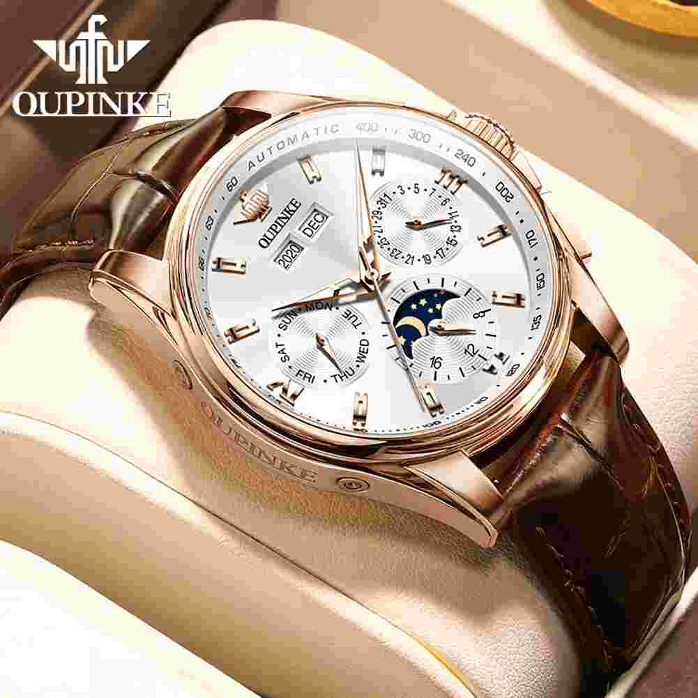 OUPINKE 3189 Automatic Watch for Men Genuine Leather Strap Waterproof Moon Phase
