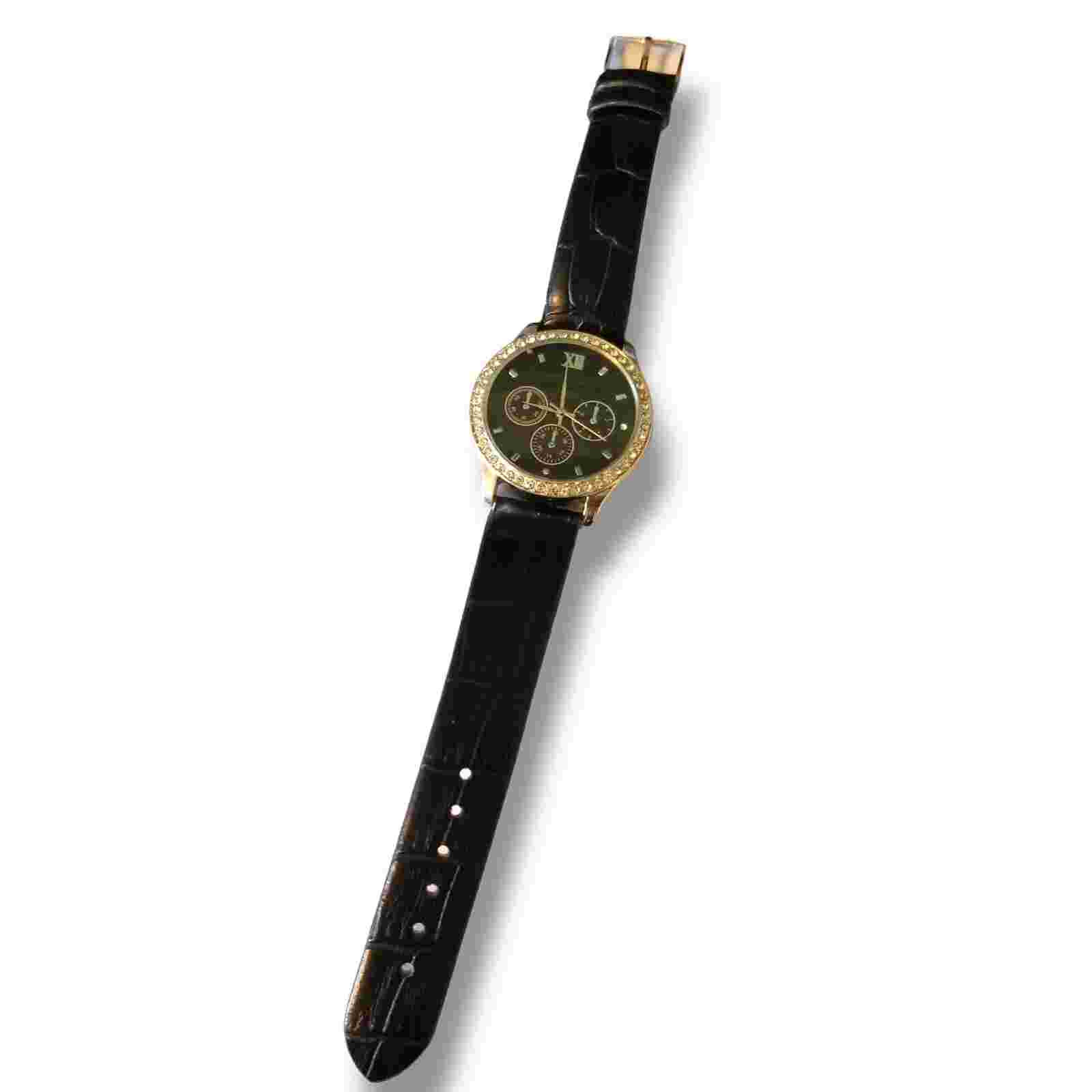 Haband Women's Chronograph Display Black Bling Watch Faux Leather