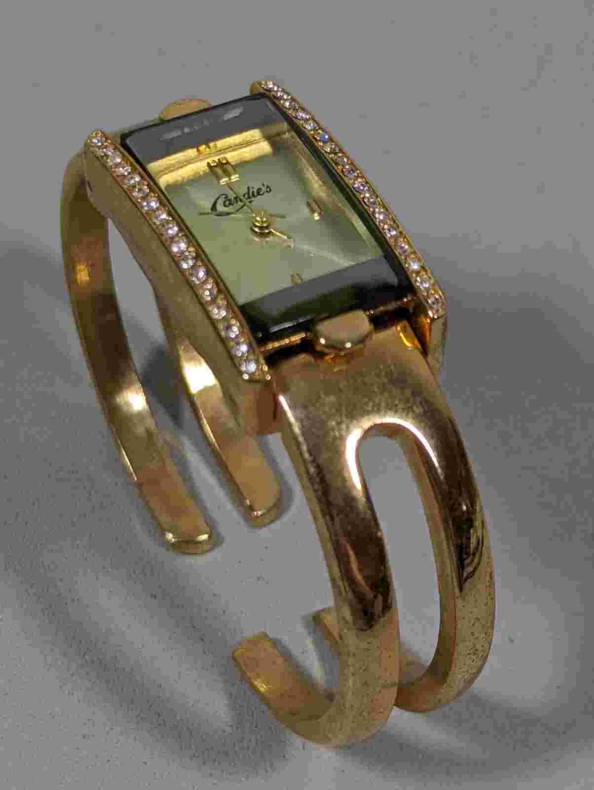 Candie's Gold Tone Crystal Accent Rectangle Case Hinge Bracelet Band Watch