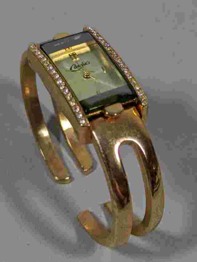 Candie's Gold Tone Crystal Accent Rectangle Case Hinge Bracelet Band Watch