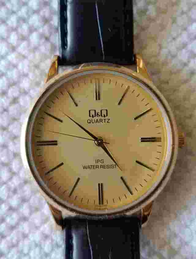 Q&Q Gold Tone IPG Mens Watch WR 3Bar Black Faux Leather Band 6"-7.5" New Battery