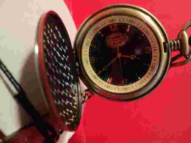 Remington pocket watch  bronze tone green face/ battery /w chain ELK ON lid