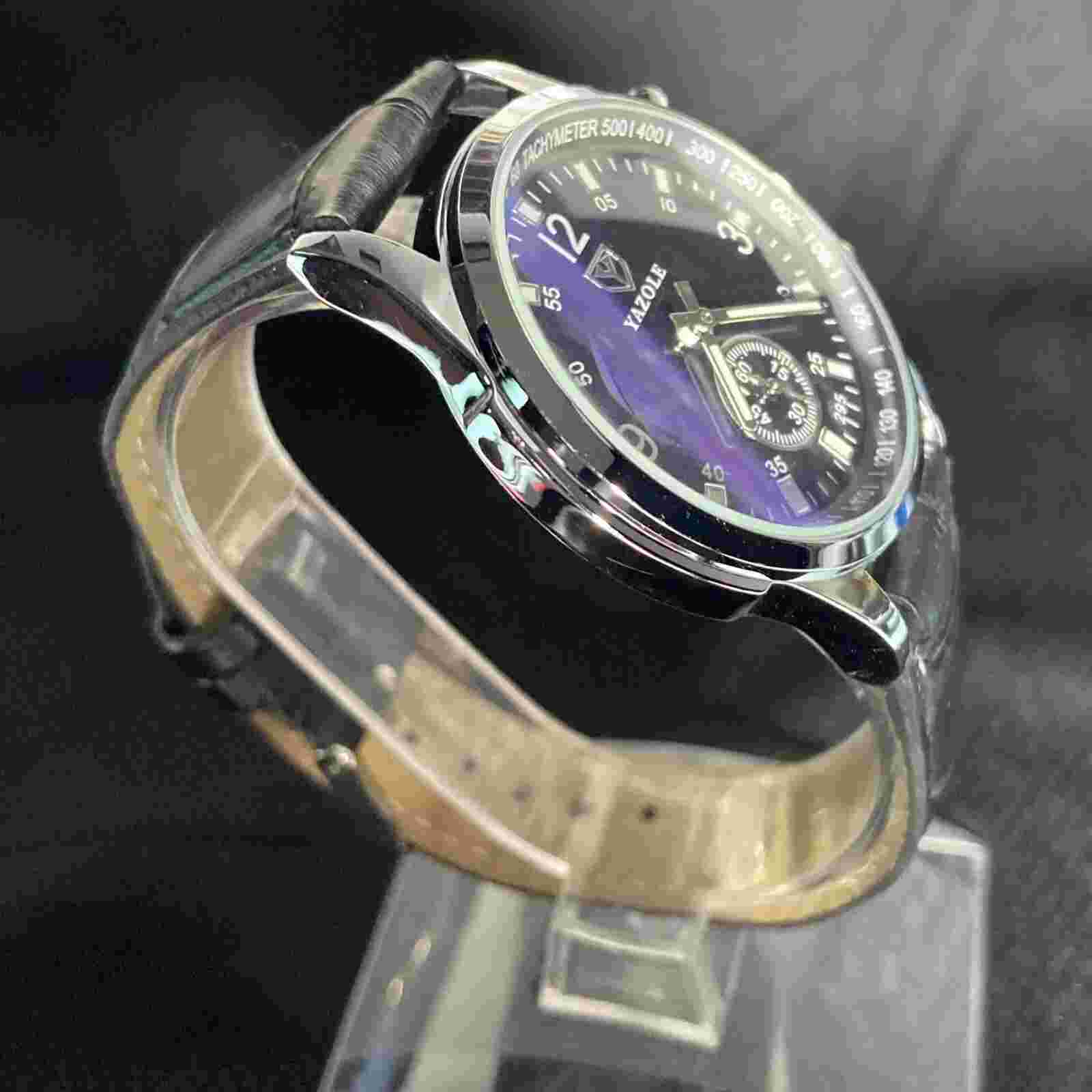 Yazole Blue Dial Silver Tone Case Black Leather Band Watch 40mm New Battery Work