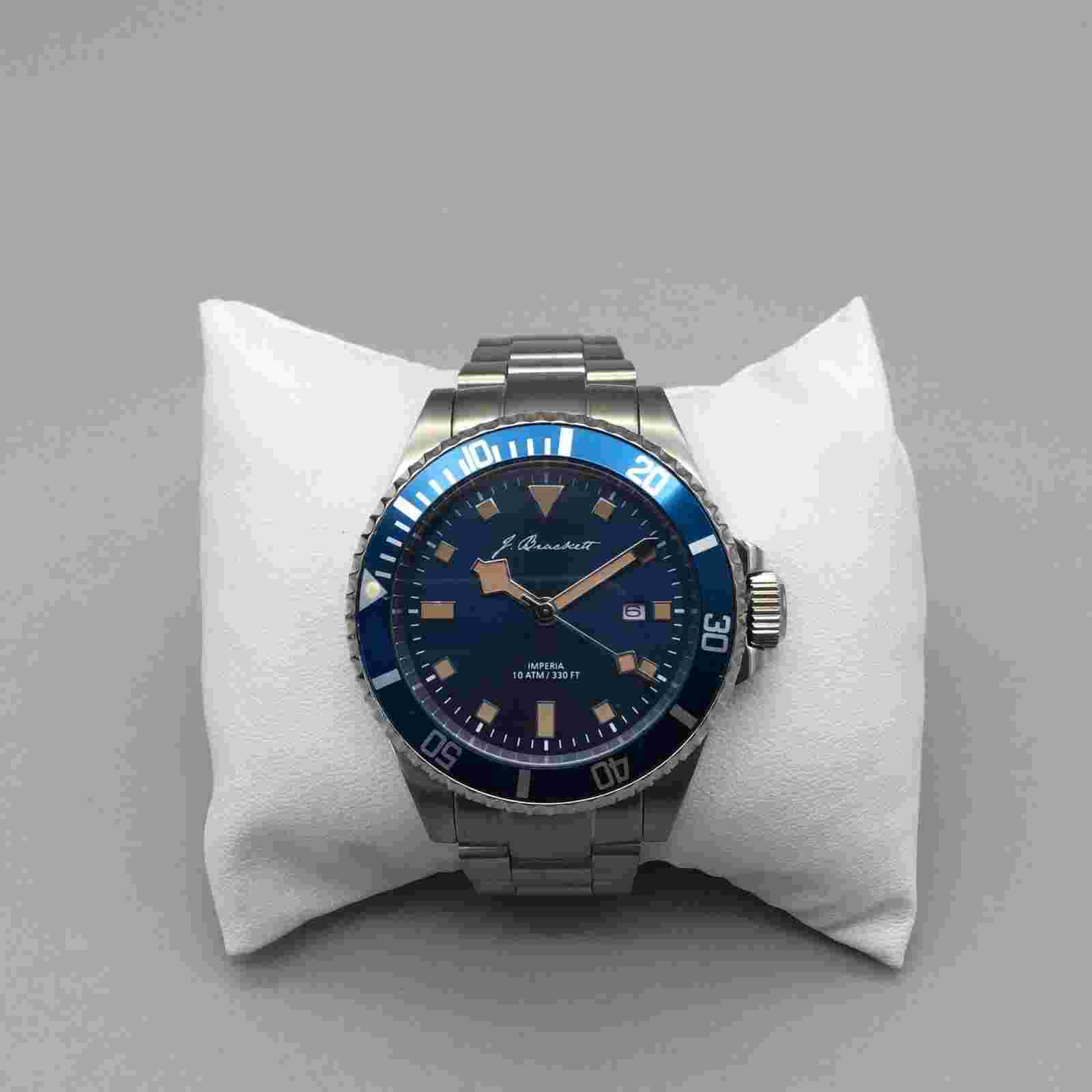 J Brackett Imperia Watch Men 44mm Blue Dial Date New Battery 6.75"