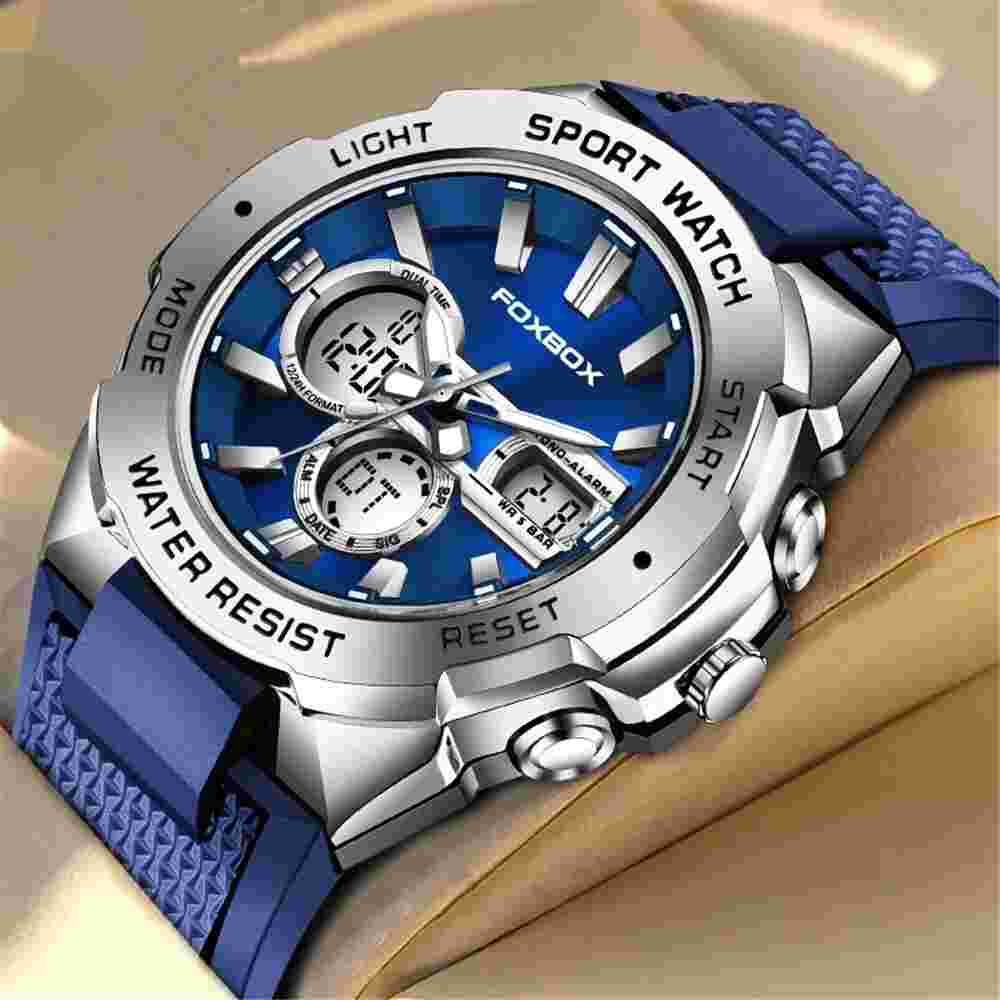 LIGE FOXBOX Digital Watch Men Sport Wristwatch Gold Case Silicone StrapWatches