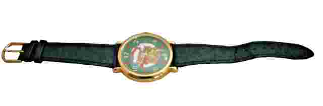 Vtg.  Milan Christmas Teddy Bear Wrist Watch 6 Numbers Green Face Leather Strap