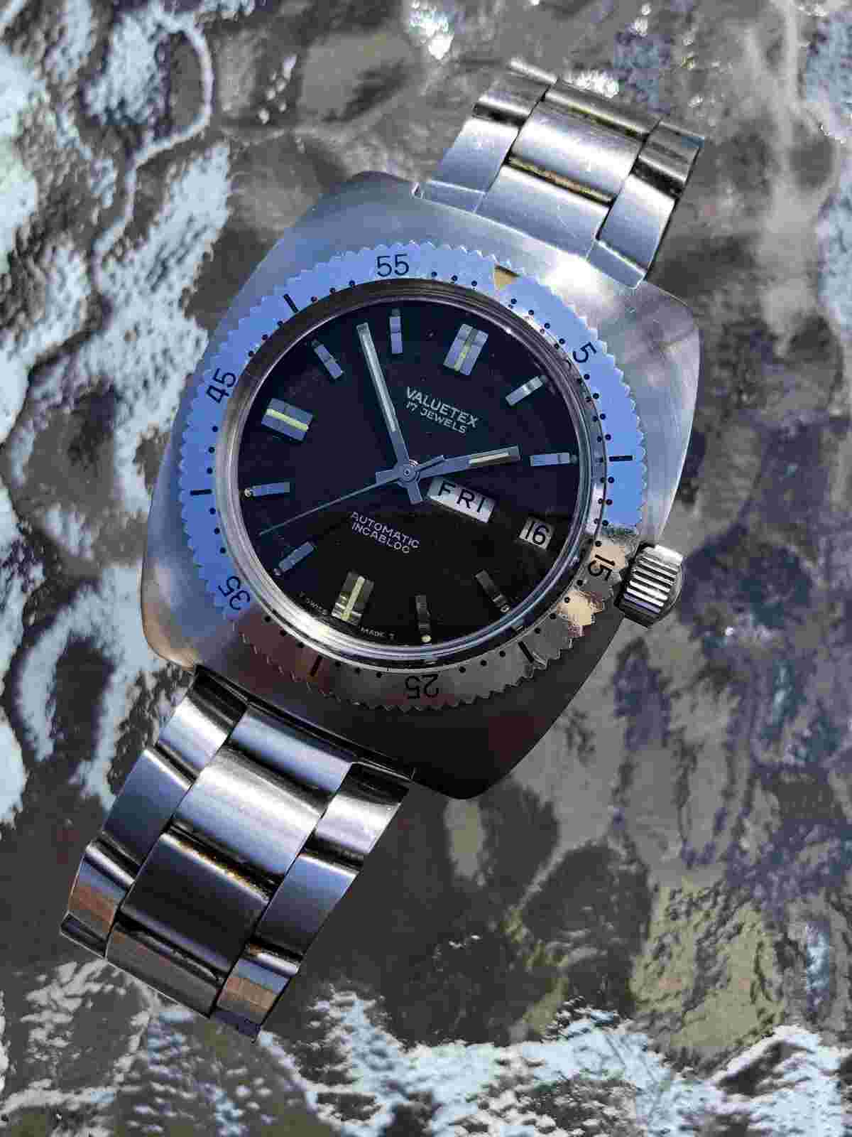 Huge Vintage Valuetex Mens Diver Watch Automatic 40mm Swiss M Screw-down Crown