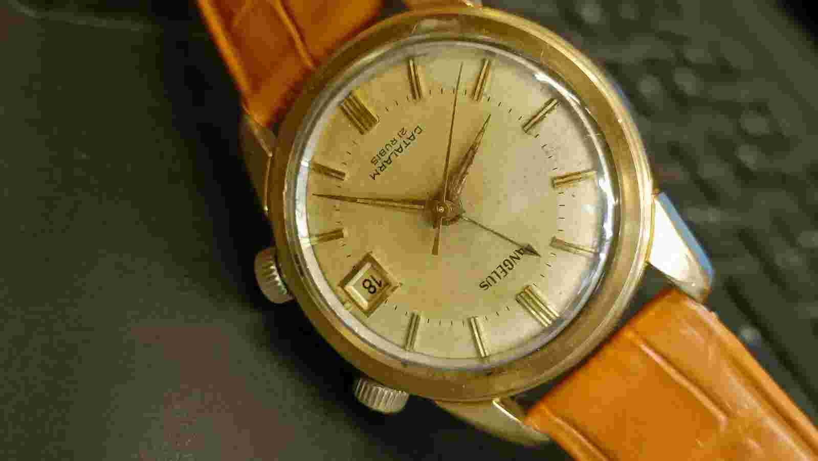 Vintage Watch Mens ANGELUS DATALARM Alarm handwind 10/11 Working 21 RUBIS Turler