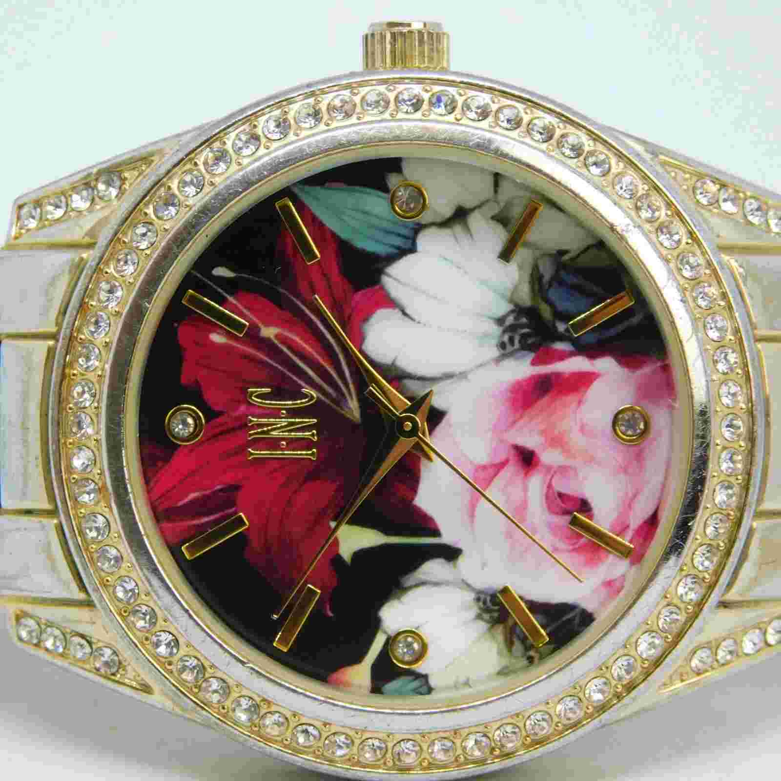 INC IN012G Two Tone Flowers Dial Quartz Women's Watch Sz. 6 3/4" New Battery
