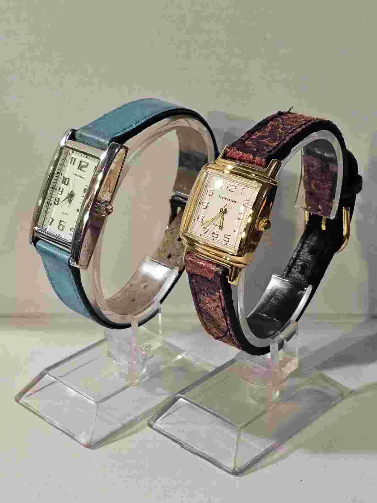 Vernier Woman's Analog Watch Duo With Leather Bands Silver And Gold Tone