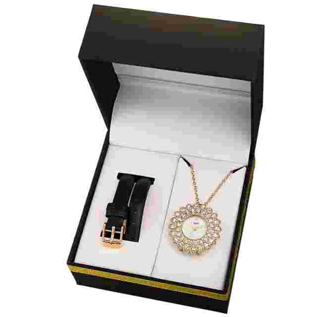 Women's Burgi BUR273 Quartz Interchangable Leather Strap Watch and Pendant Set