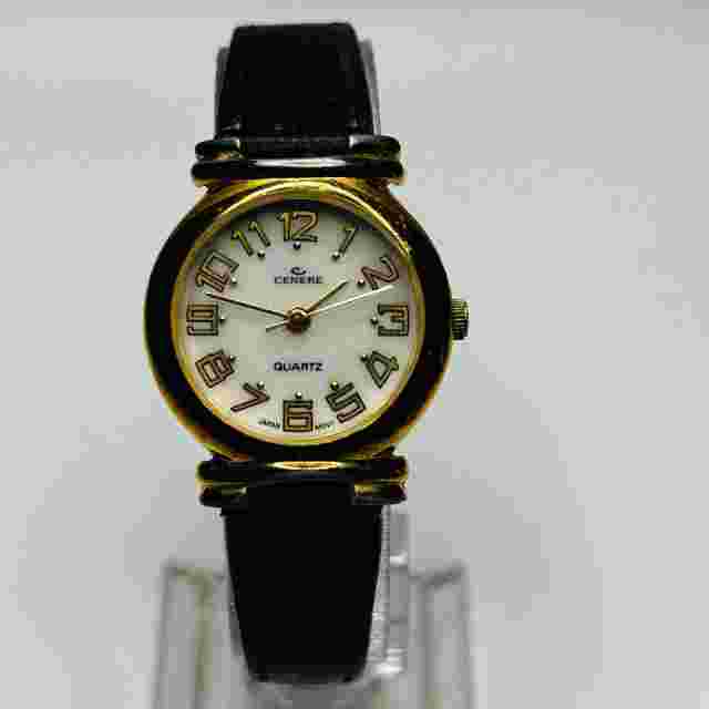 Cenere Watch Women 26mm Quartz Gold tone White Dial Black Leather New Battery