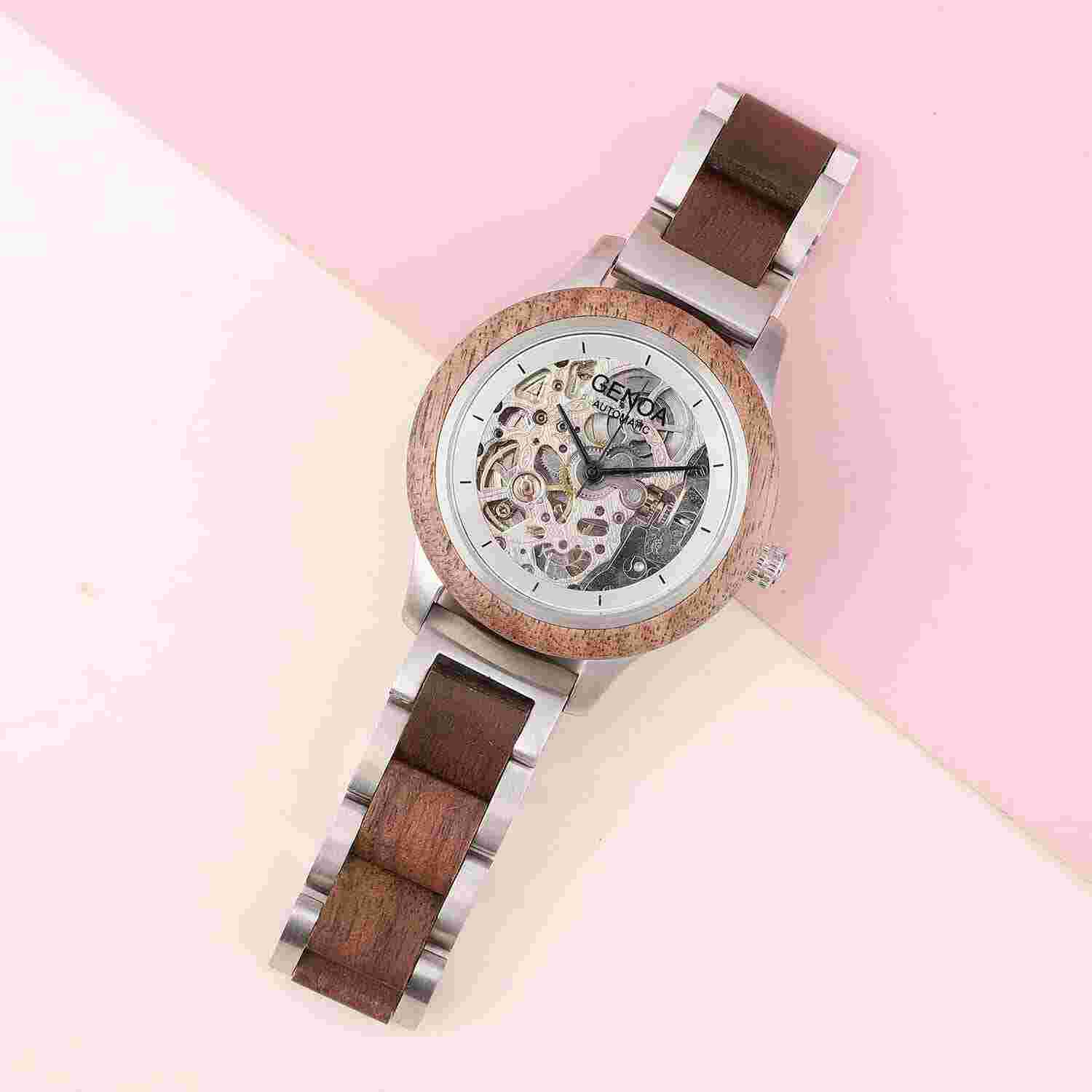 GENOA Mechanical Movement Watch for Steel Strap Walnut Glass Back Gifts