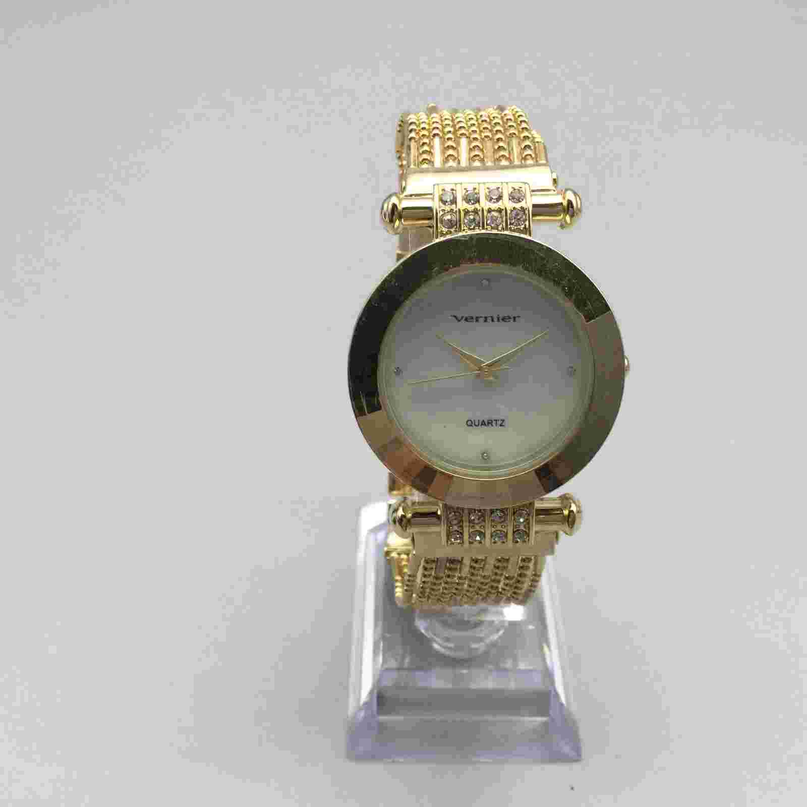Vernier Watch Women 32mm Gold Tone MOP Dial Crystals New Battery 7.75"