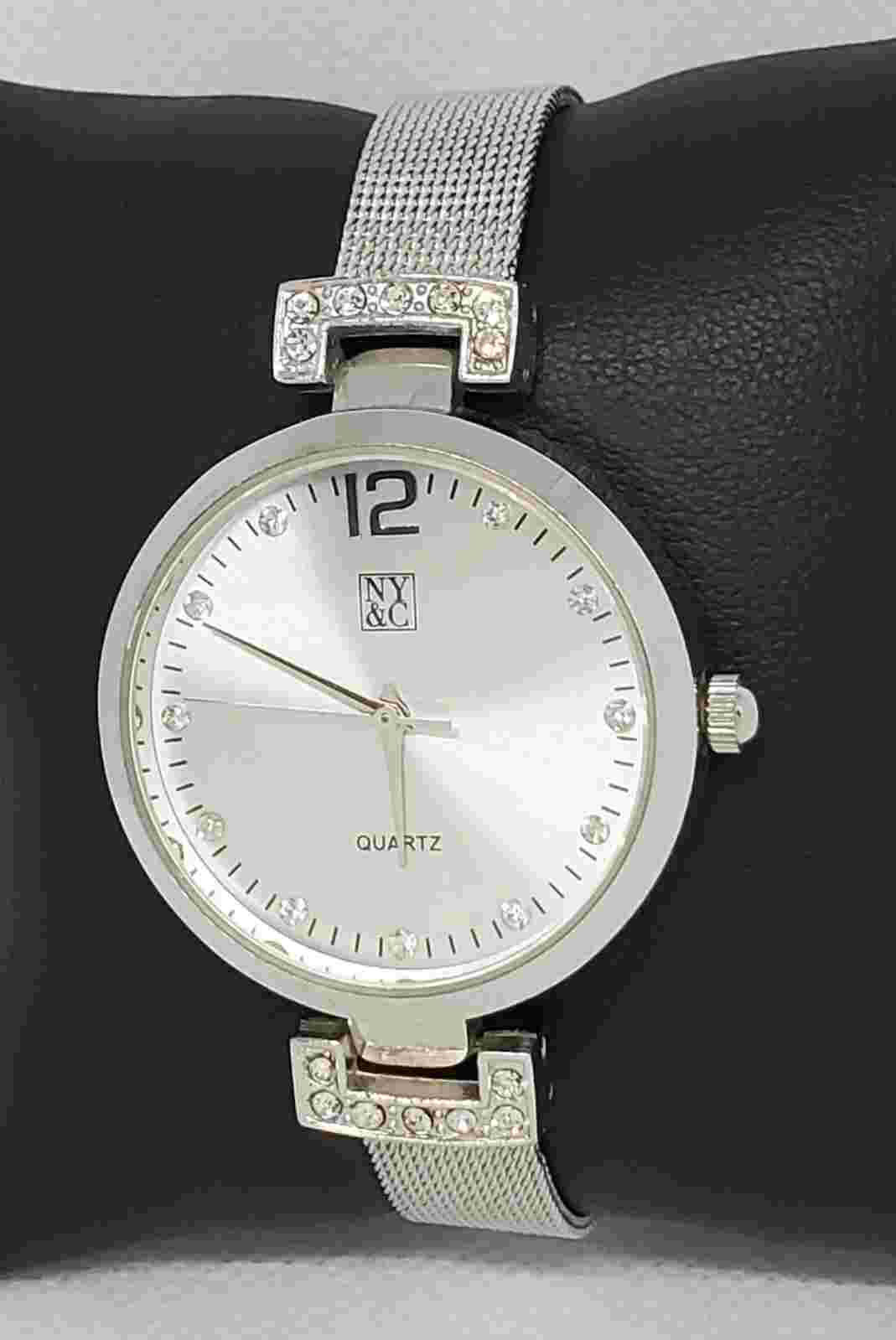 Ladies NY&C Stylish Round Silver Tone Chrystal Accent Mesh Band Analog Watch E1