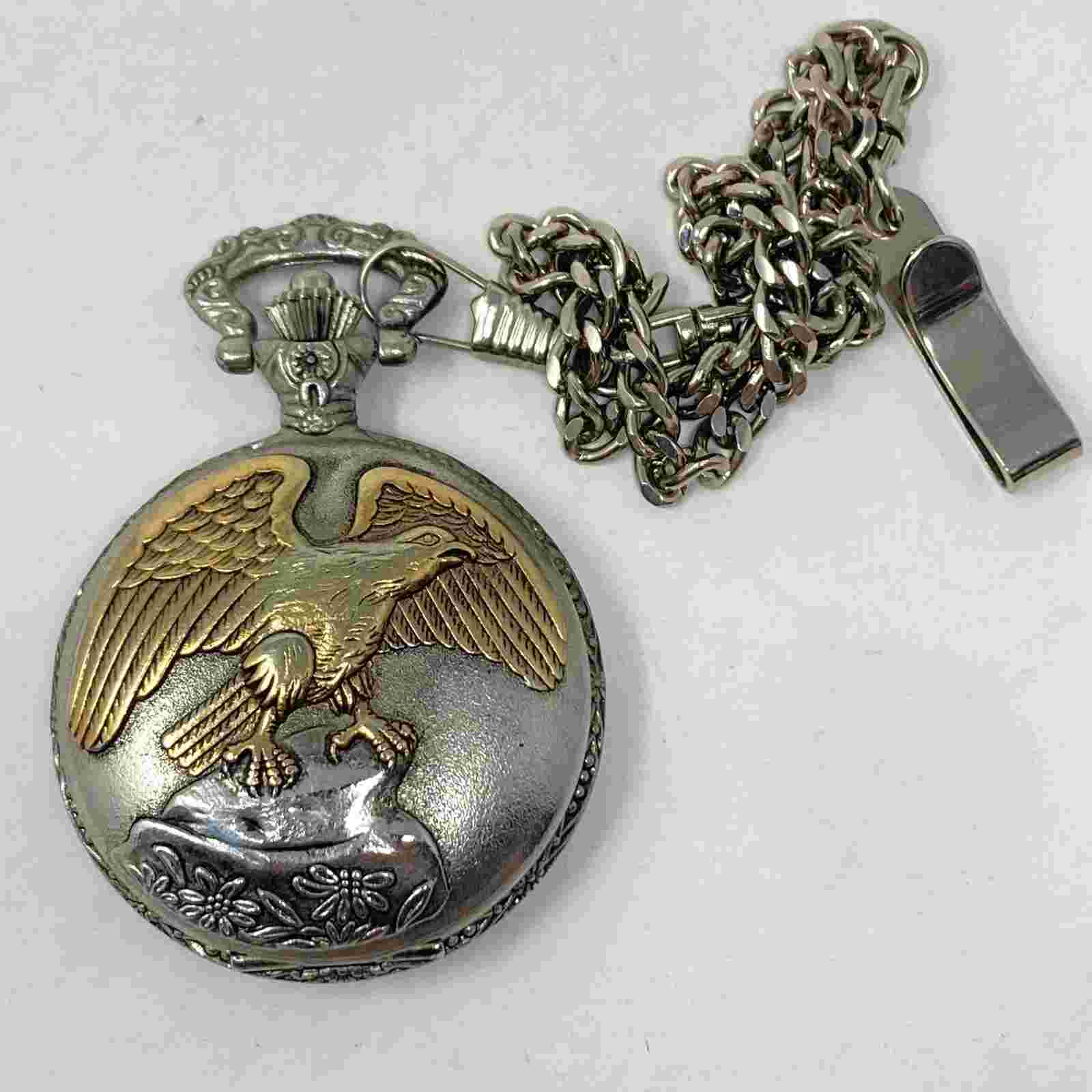 Willow Bay Eagle Pocket Watch Men Silver Gold Tone Date w/Chain New Battery 46mm