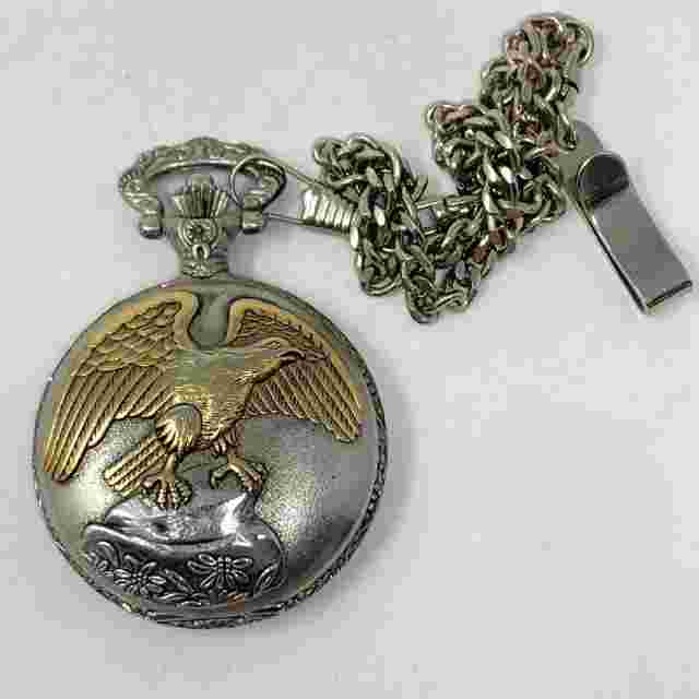 Willow Bay Eagle Pocket Watch Men Silver Gold Tone Date w/Chain New Battery 46mm