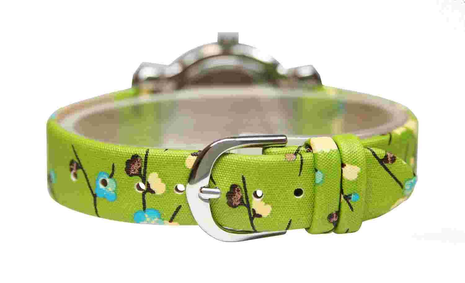 Pedre Women's Silver-Tone Crystal Watch w Green Floral Asian Strap #6400SX. Mint