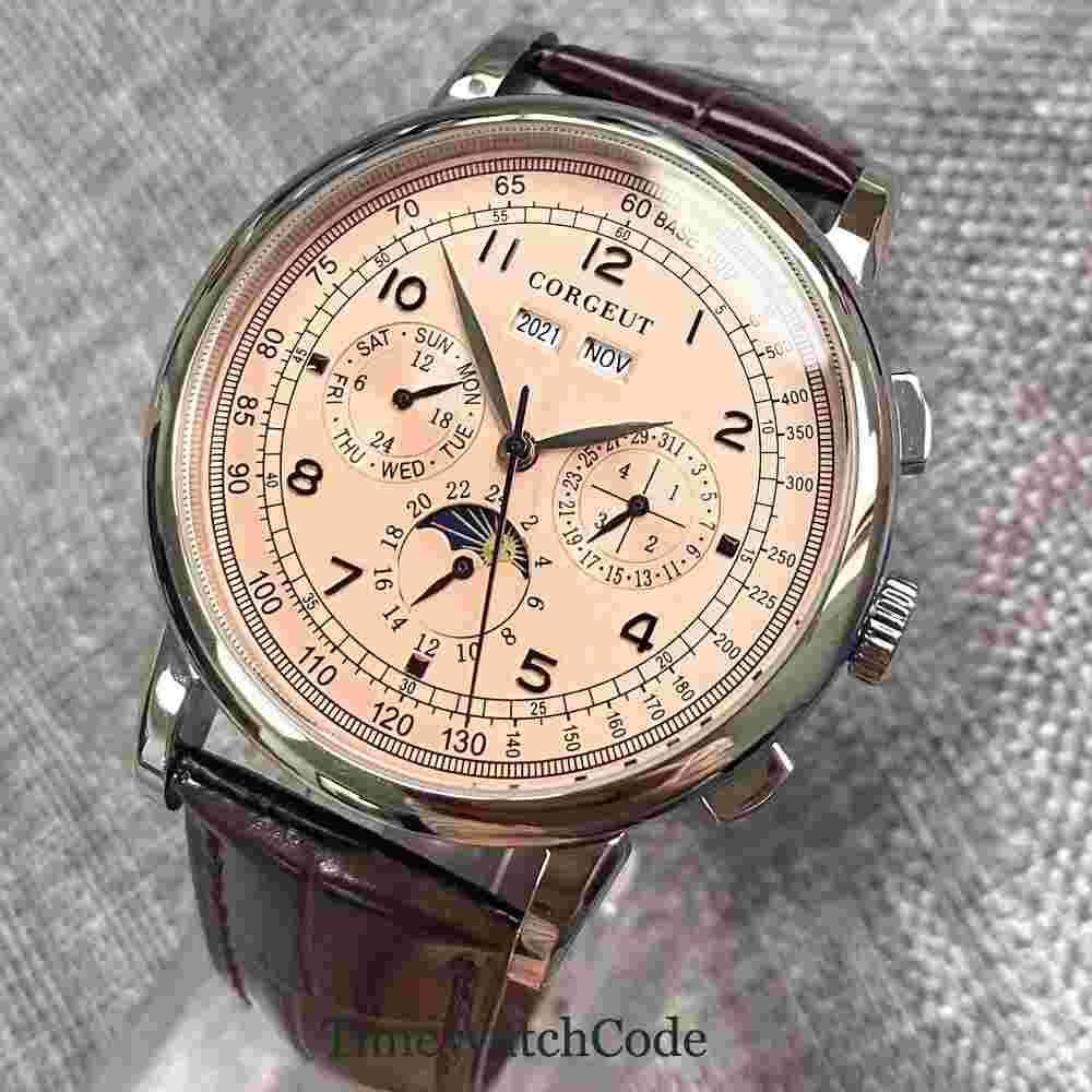 Corgeut Mens Automatic Watch Chronograph Date Watches For Men Leather Strap