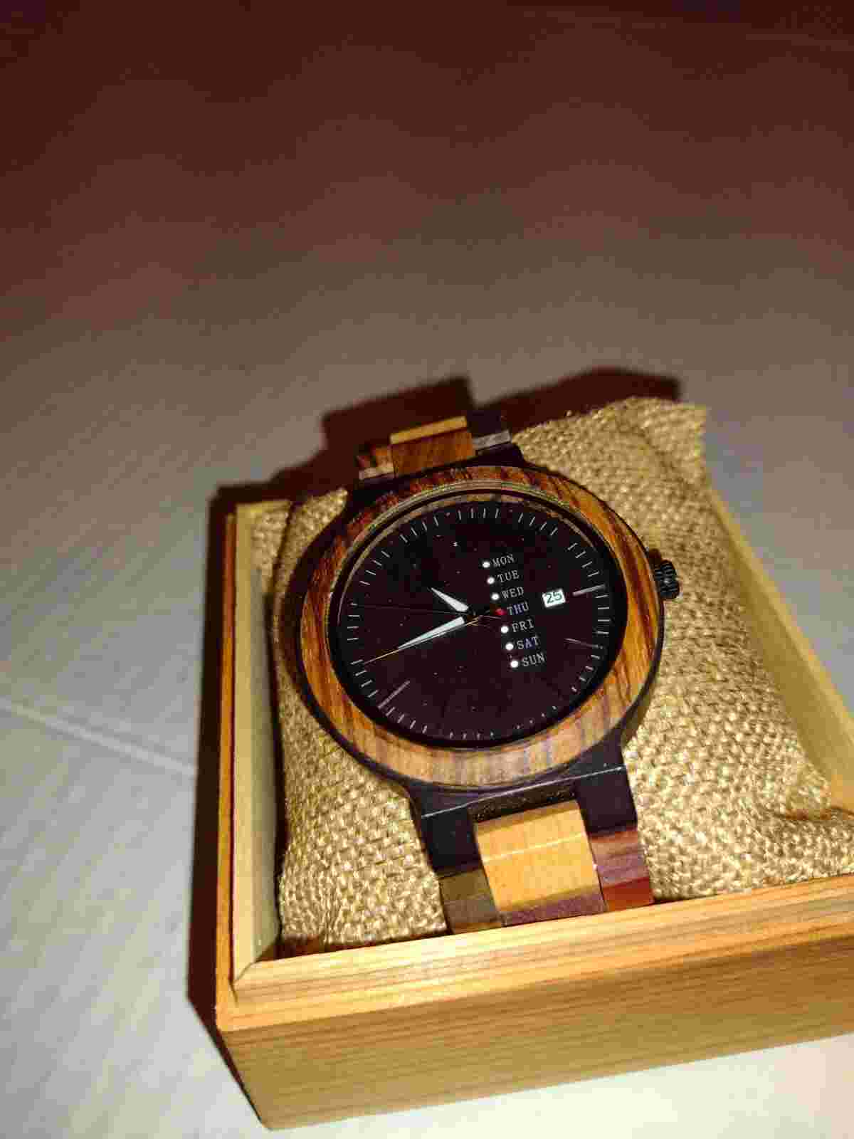 La Sigma Men's Wood Watch Multi Tone Brown Round Black Face Calendar NIB