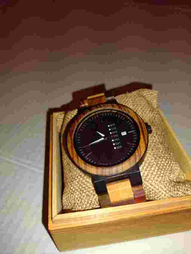 La Sigma Men's Wood Watch Multi Tone Brown Round Black Face Calendar NIB