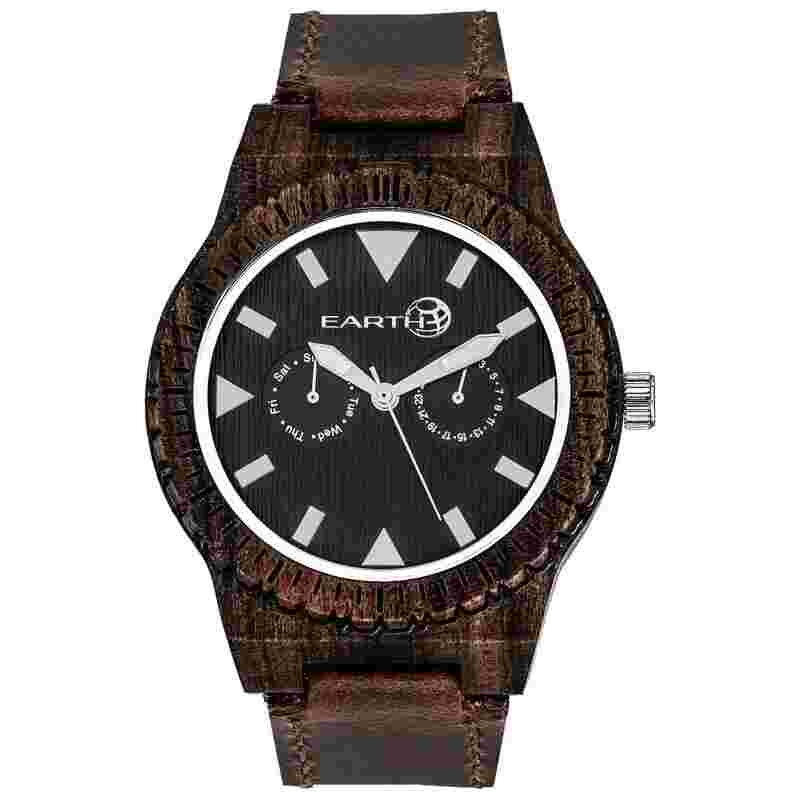 Wood Watch Earth Wood Leather-Band Watch w/Day/Date Full Warranty