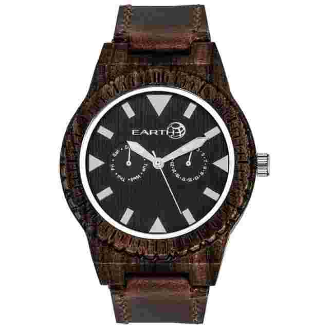Wood Watch Earth Wood Leather-Band Watch w/Day/Date Full Warranty