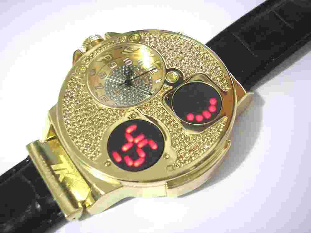 Gold Tone Case Leather Band Techno King Men's Watch Crystals w. Touch Screen