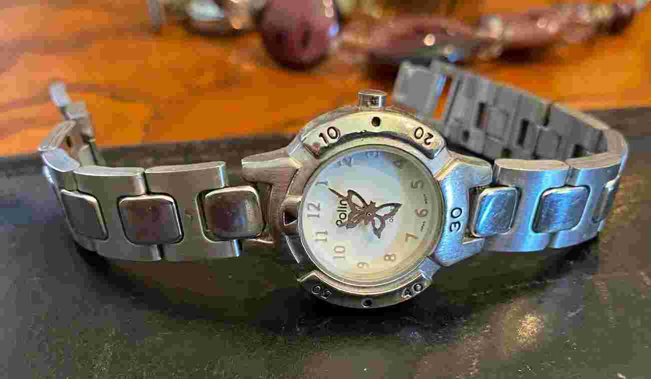 Women's Silver Tone Polini Watch, Link Band, Rotating Butterly on Dial