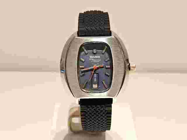 VINTAGE RARE BIG 39mm SWISS MEN'S MECHANICAL CHROME WATCH "BASIS" BLUE DIAMOND