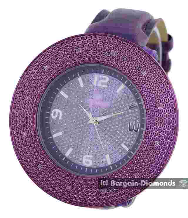 Mens 59 mm Natural Diamond Plum Clubbing Watch 2 Bezels 7"9" Plum+7"-9" Blk Lthr