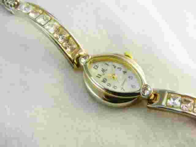 Vintage Ladies M Quartz Wristwatch Gemmed Diamante Mother of Pearl Working