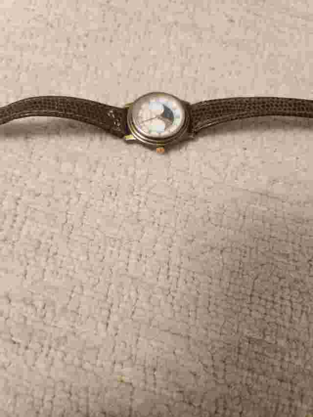 Axcess Watch Gold Tone Day Night Date Indicator BrownCALF Buckle Band French Mov