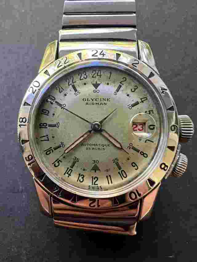 1950s Glycine Airman watch and original Fixo-Flex bracelet   Rare white dial