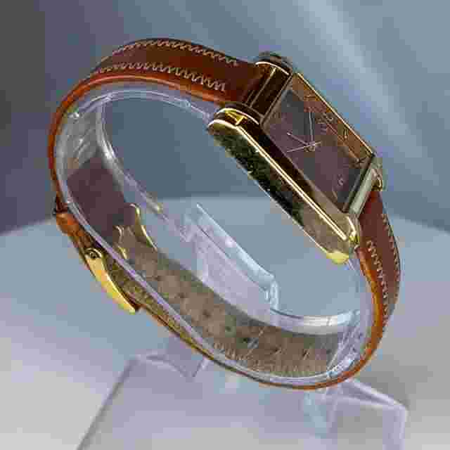EA Quartz 29x35 Women's Watch Gold Case Tan Band Bronze Tone Dial