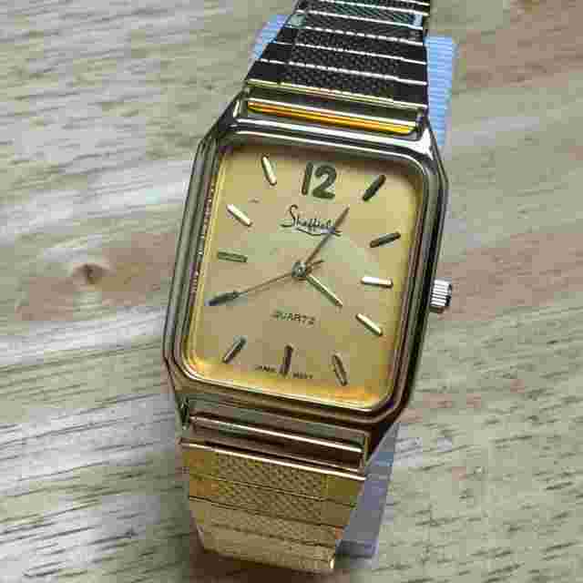 Vintage Sheffield Quartz Watch Men Gold Tone Rectangle Stretch Band New Battery