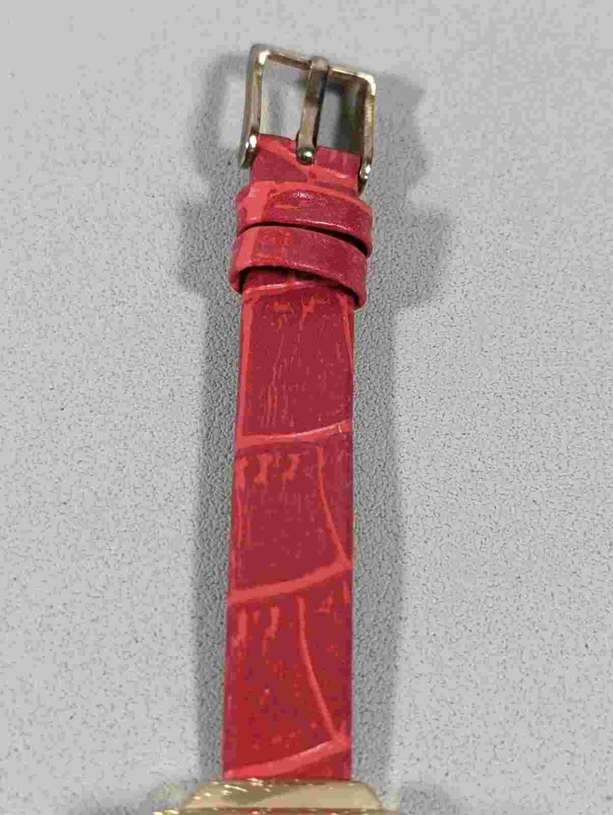 MC White Dial Gold Tone Rectangle Case Red Faux Leather Band Watch