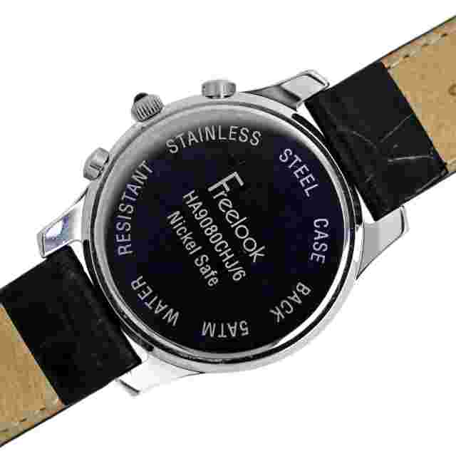 Freelook Chronograph Diamond Bezel 36mm Wrist Watch Genuine Black Leather